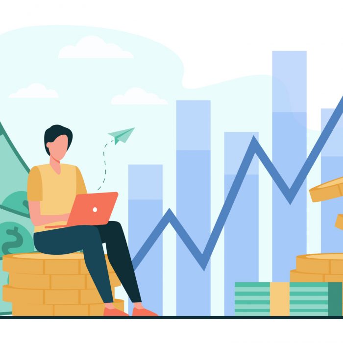 Investor with laptop monitoring growth of dividends. Trader sitting on stack of money, investing capital, analyzing profit graphs. Vector illustration for finance, stock trading, investment concept
